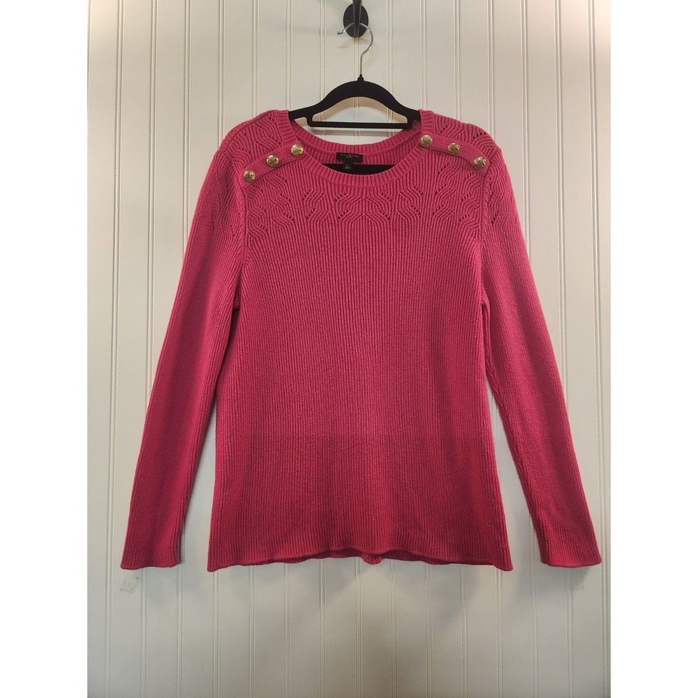 Talbots Women's Hot Pink Ribbed Chunky Knit Sweater Size LP Gold Buttons Cozy